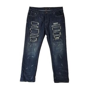 Decibel Mens Jeans 42x32 Slim Straight Blue Denim Y2K Distressed Retro